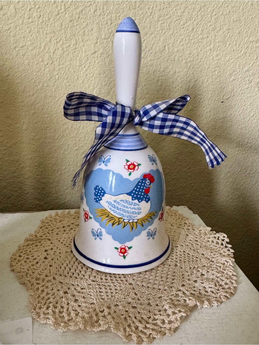 Hand-Painted Ceramic Chicken Bell in Blue and White